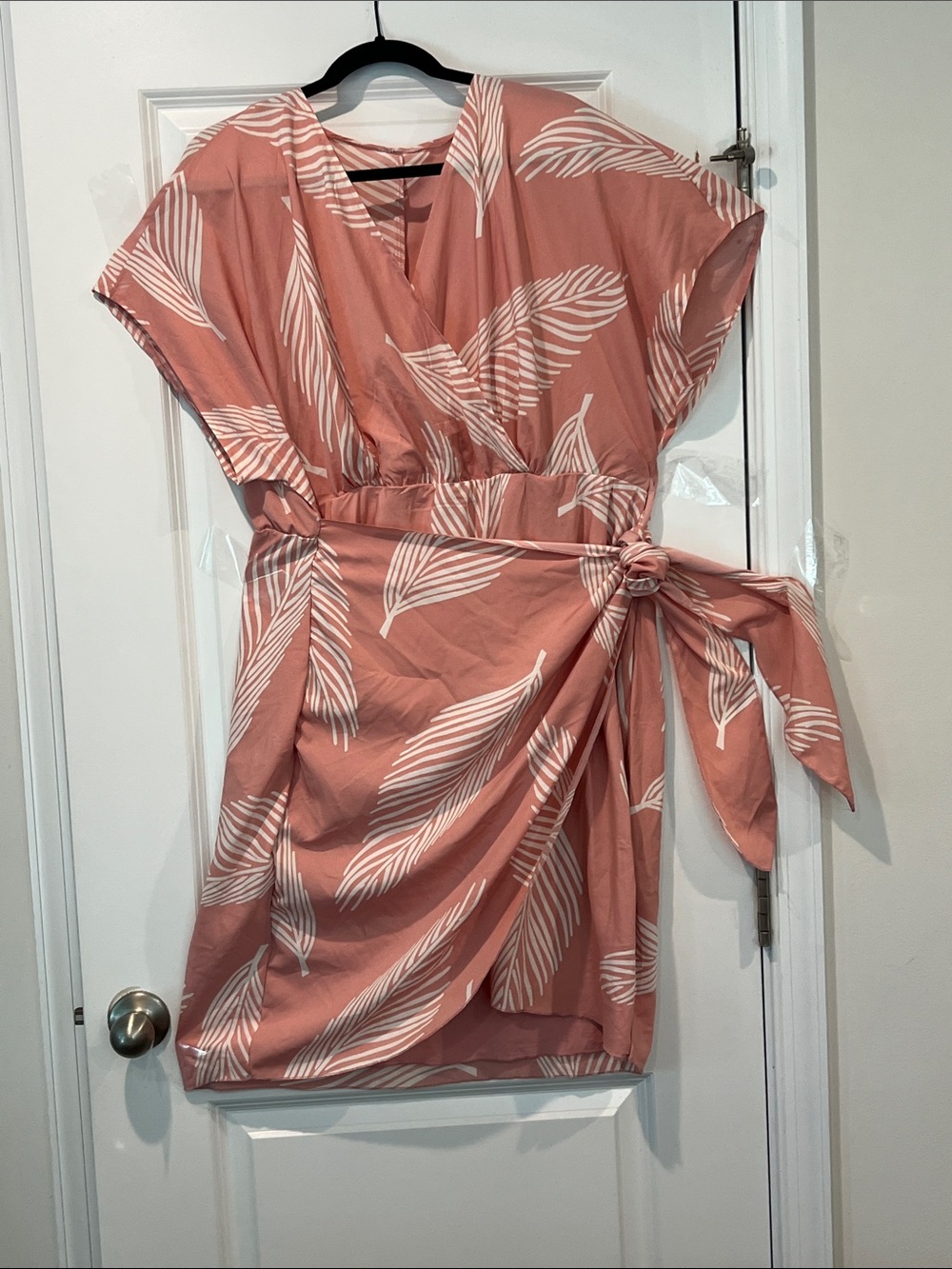 Womens Coral Pink Leaf Wrap Dress